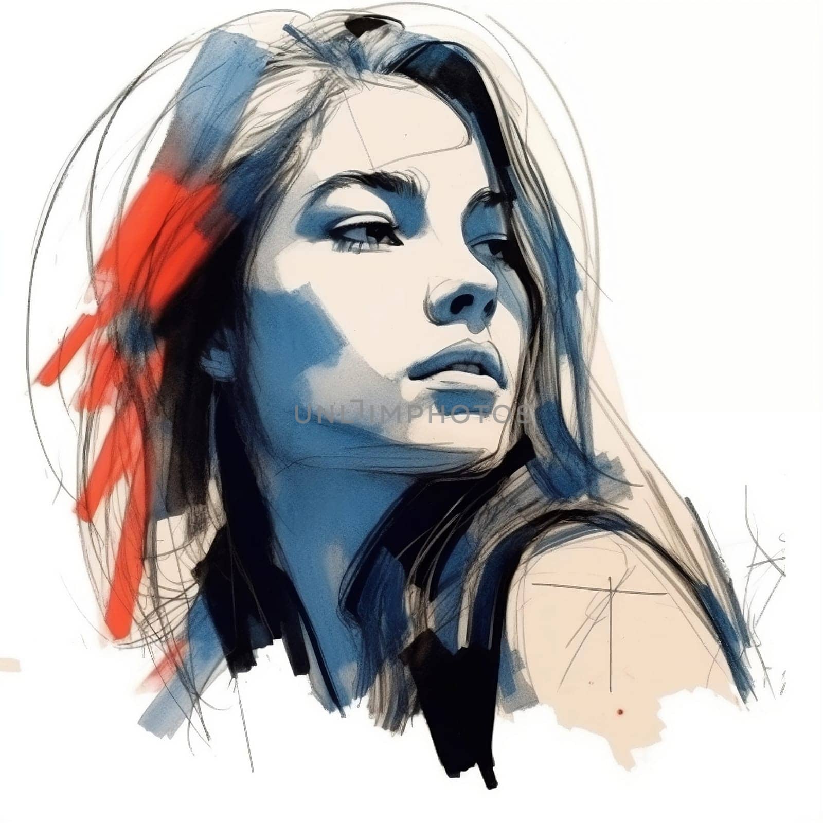 Illustration: expressive portrait of a young beautiful woman. Fashion portrait of girl drawn with watercolors and markers. Generative AI by maclura