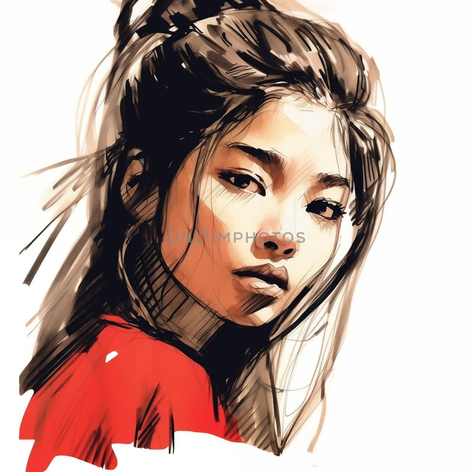 Illustration: portrait of a young beautiful Asian woman. Fashion portrait of girl drawn with watercolors and markers. Generative AI by maclura