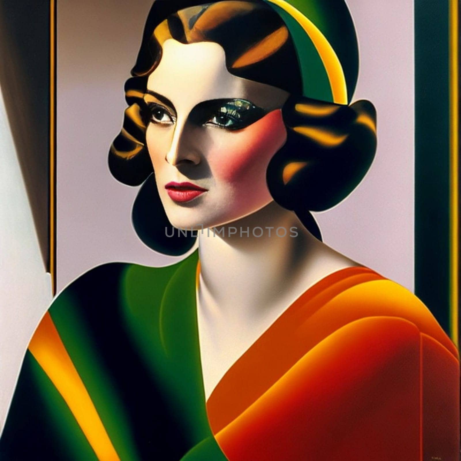 A captivating portrait of a woman, influenced by the iconic style of Tamara de Lempicka. The AI-generated artwork showcases a sultry and alluring figure, with a strong and confident expression. The composition is a perfect balance of fantasy and reality, with intricate details that highlight the feminine features of the subject. The contemporary aesthetic of the piece is a nod to the modern art scene, while still maintaining the timeless elegance of Lempicka's signature style.