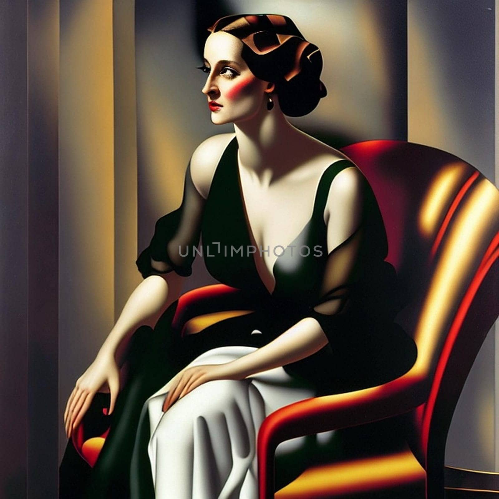 This captivating portrait depicts a woman seated on a chair in the style of Tamara de Lempicka. The AI-generated artwork boasts a contemporary composition that cleverly blends fantasy and emotion. The woman's expression is intense, her face illuminated by the artistic intelligence of the piece. This portrait is a conceptual masterpiece that perfectly captures the essence of modern femininity.