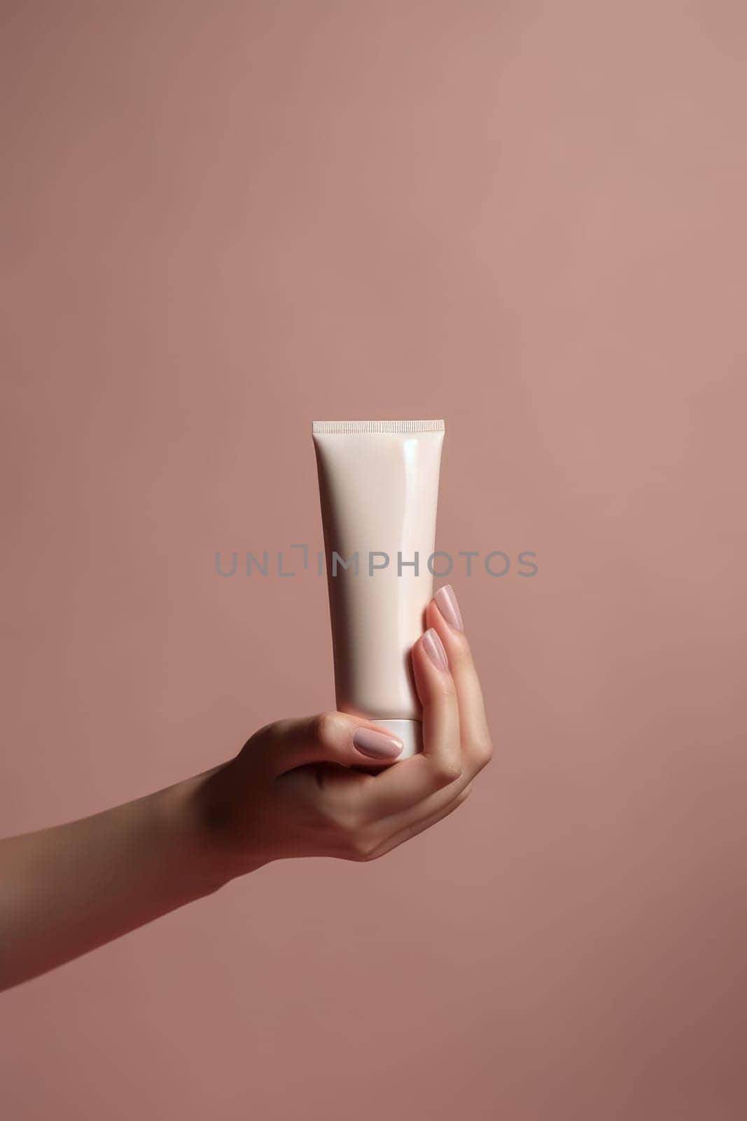 hand holding cosmetic cream white plastic tube mockup front view. Hand cream bottle. AI Generative