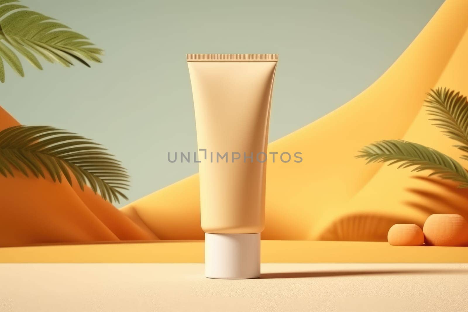 cosmetic cream yellow plastic tube mockup front view on summer beach background. AI Generative