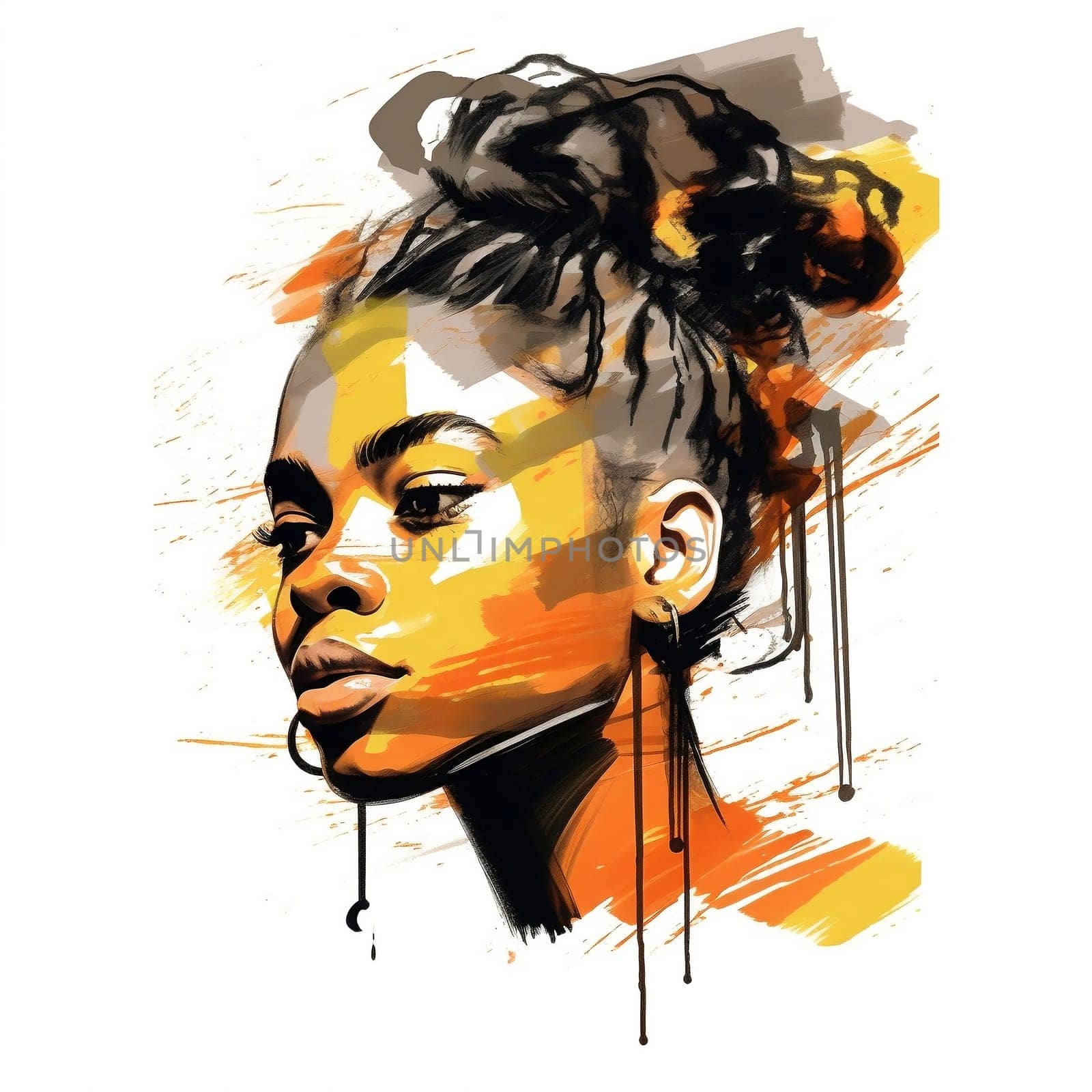 Illustration: expressive portrait of a young beautiful black woman. Fashion portrait of girl drawn with watercolors and markers. Generative AI by maclura