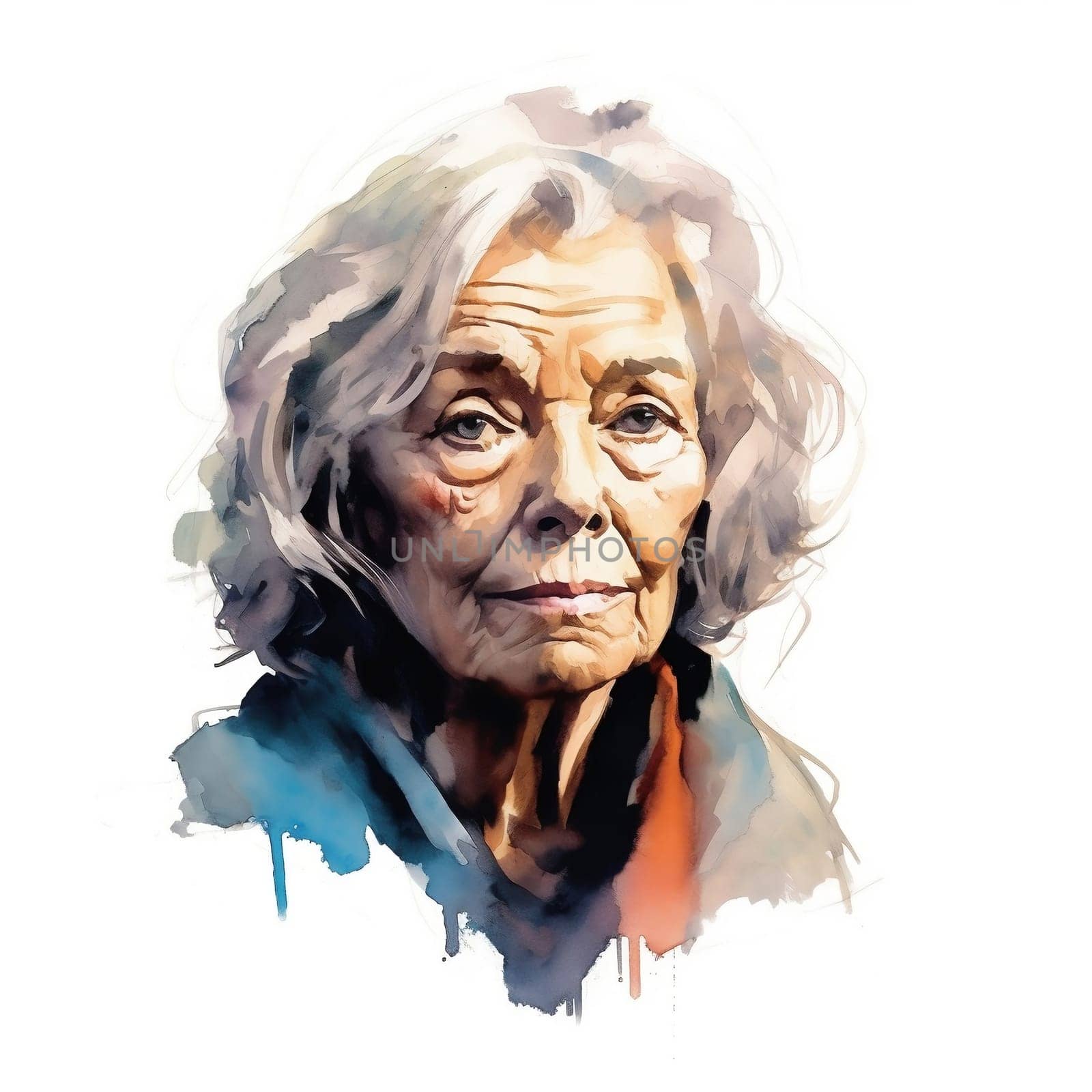 Illustration: portrait of an old wrinkled woman with gray hair. Portrait of old lady drawn with watercolors and markers. Generative AI by maclura