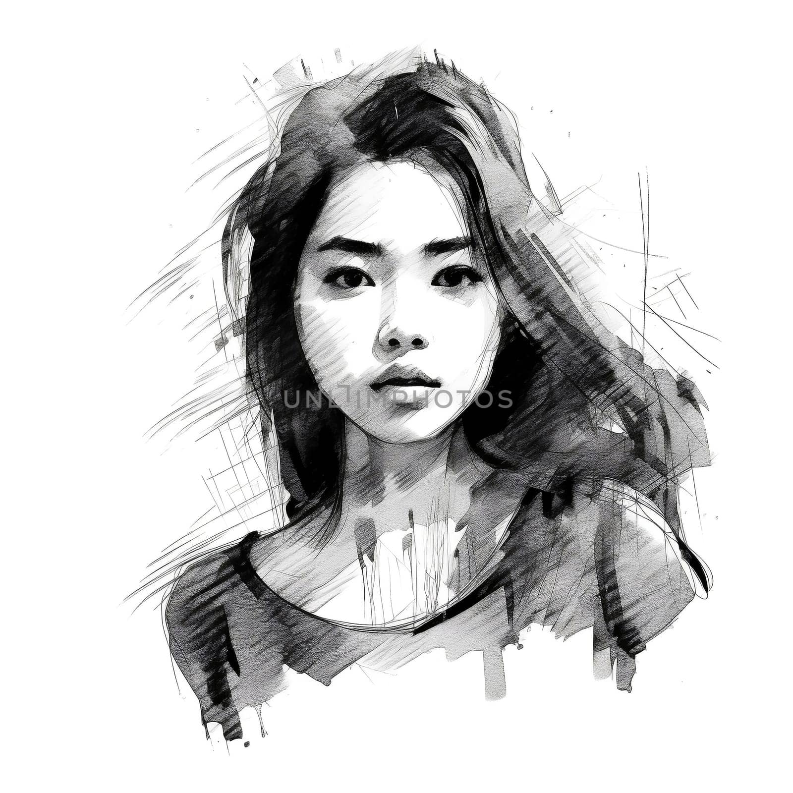 Illustration: portrait of a young beautiful Asian woman. Black and white fashion portrait of girl drawn with pencils and markers. Generative AI by maclura