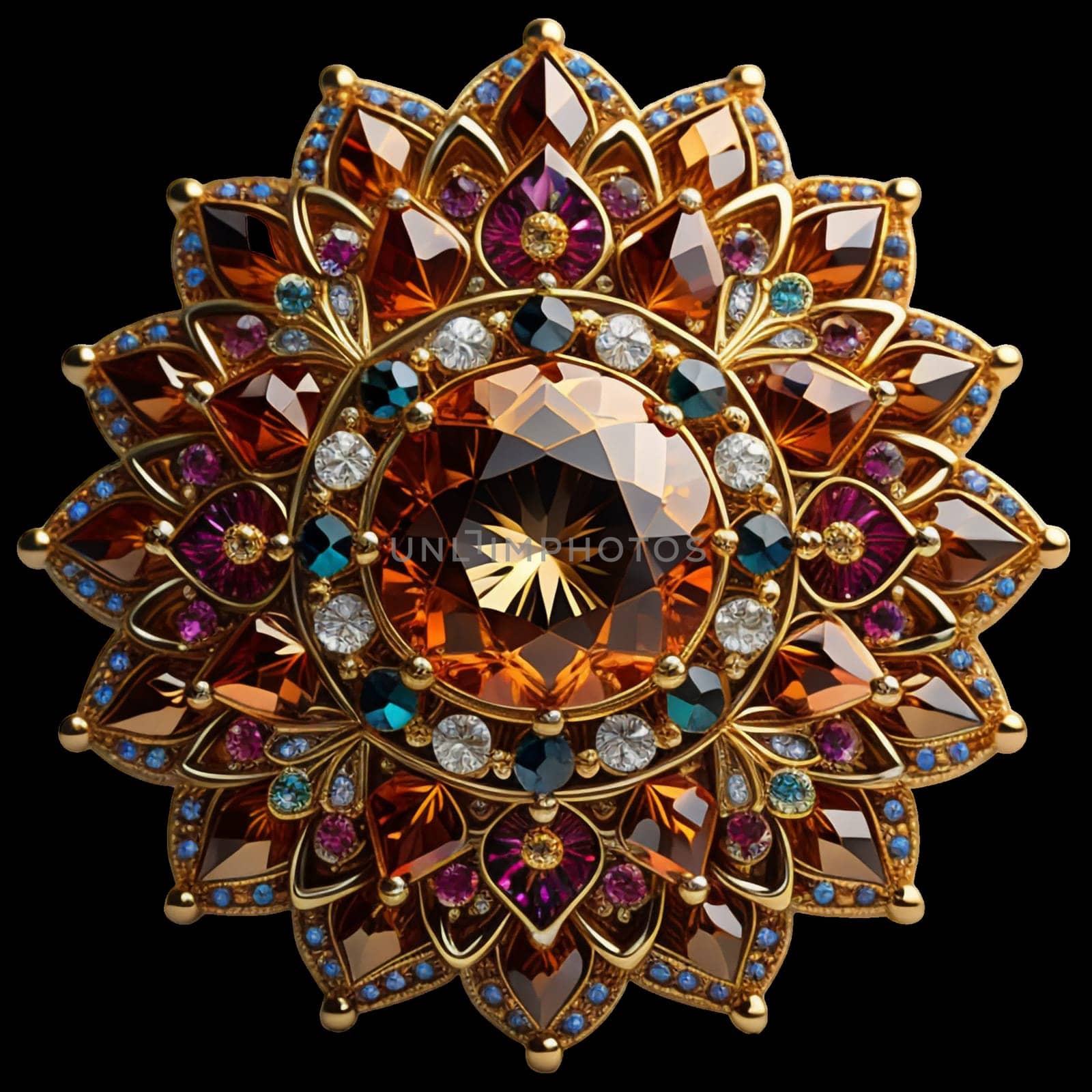 mandala-like gemstones brooch. isolated background, generative ai