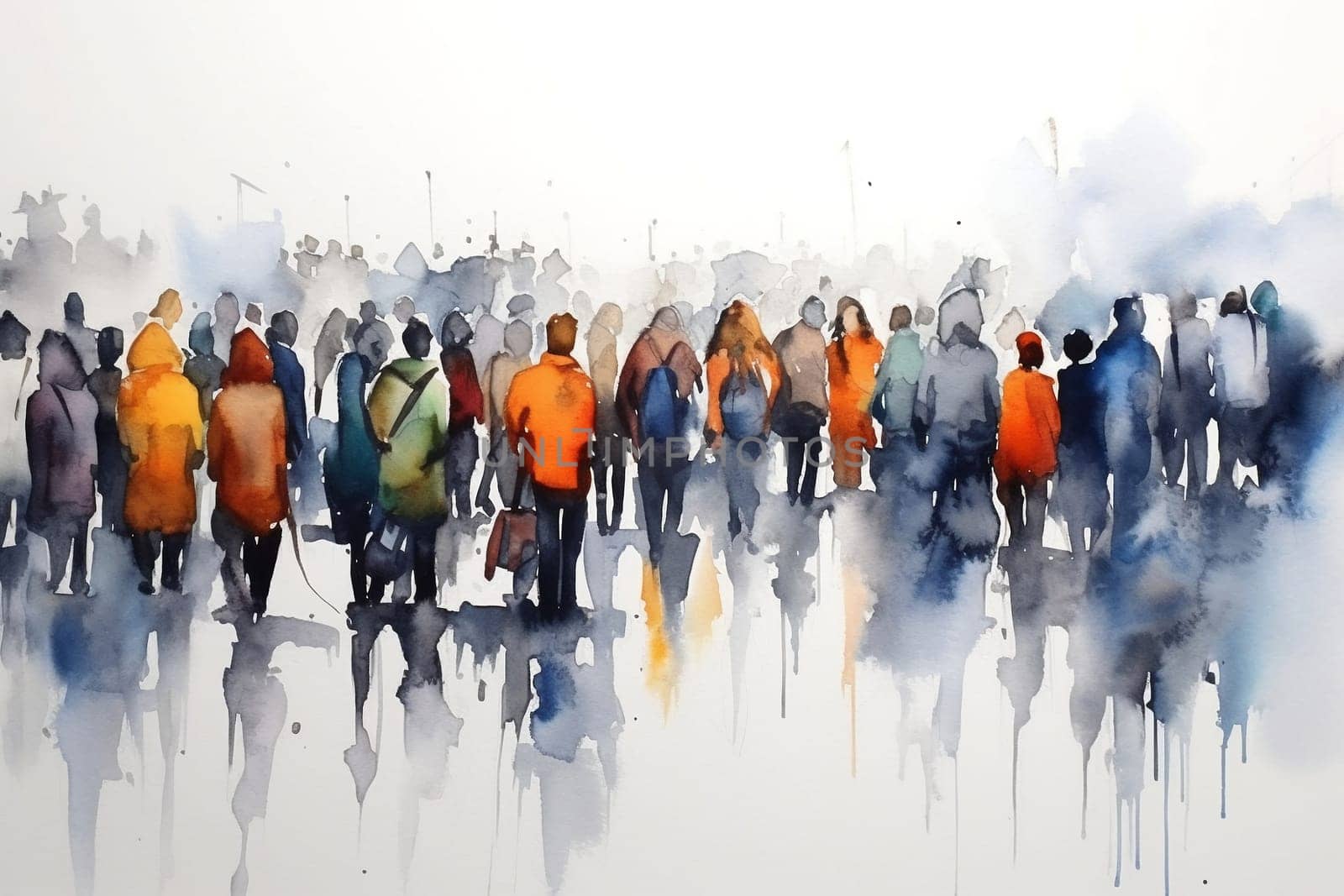 Watercolor illustration: panorama of a city street with people walking, Crowd of people. Meeting on the street. Generative ai. by maclura