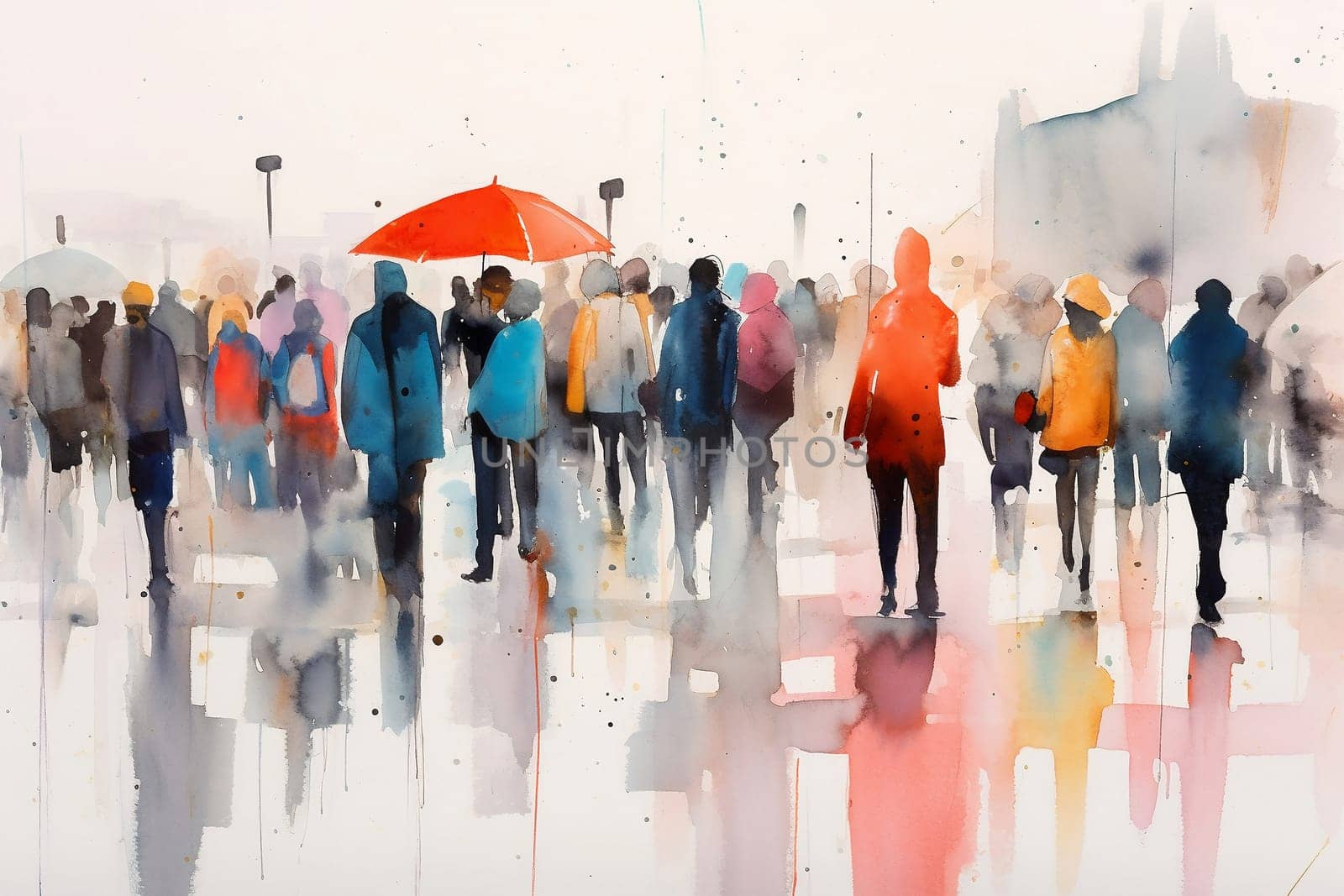 Watercolor illustration: panorama of city street with people walking, Crowd of people. Meeting on the street. Generative ai.