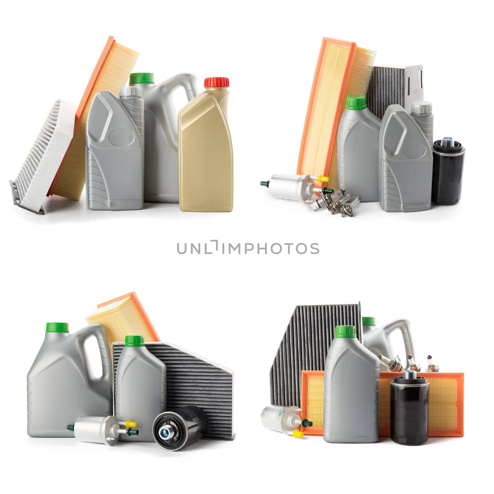 Car oil filters and motor oil can isolated on white by Fabrikasimf