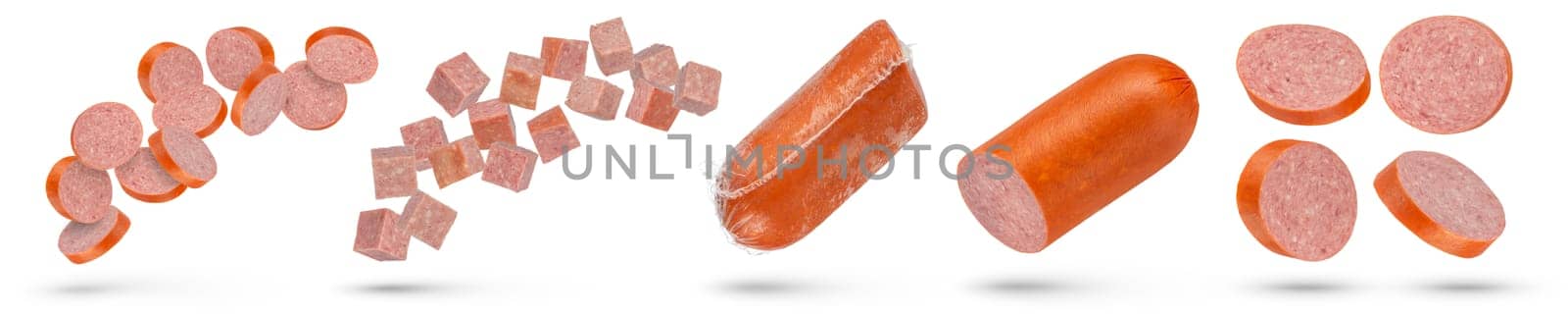 Sausage salami set on a white isolated background. A large set of hot smoked sausage salami, different ways of cutting. High quality photo