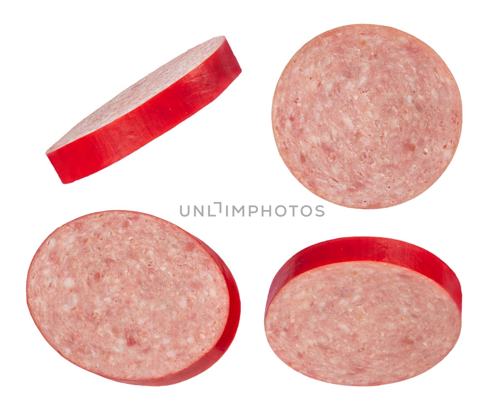 Salami sausage slices on a white isolated background. Salami slices from different sides. For inserting into a design, project, or for product packaging. by SERSOL