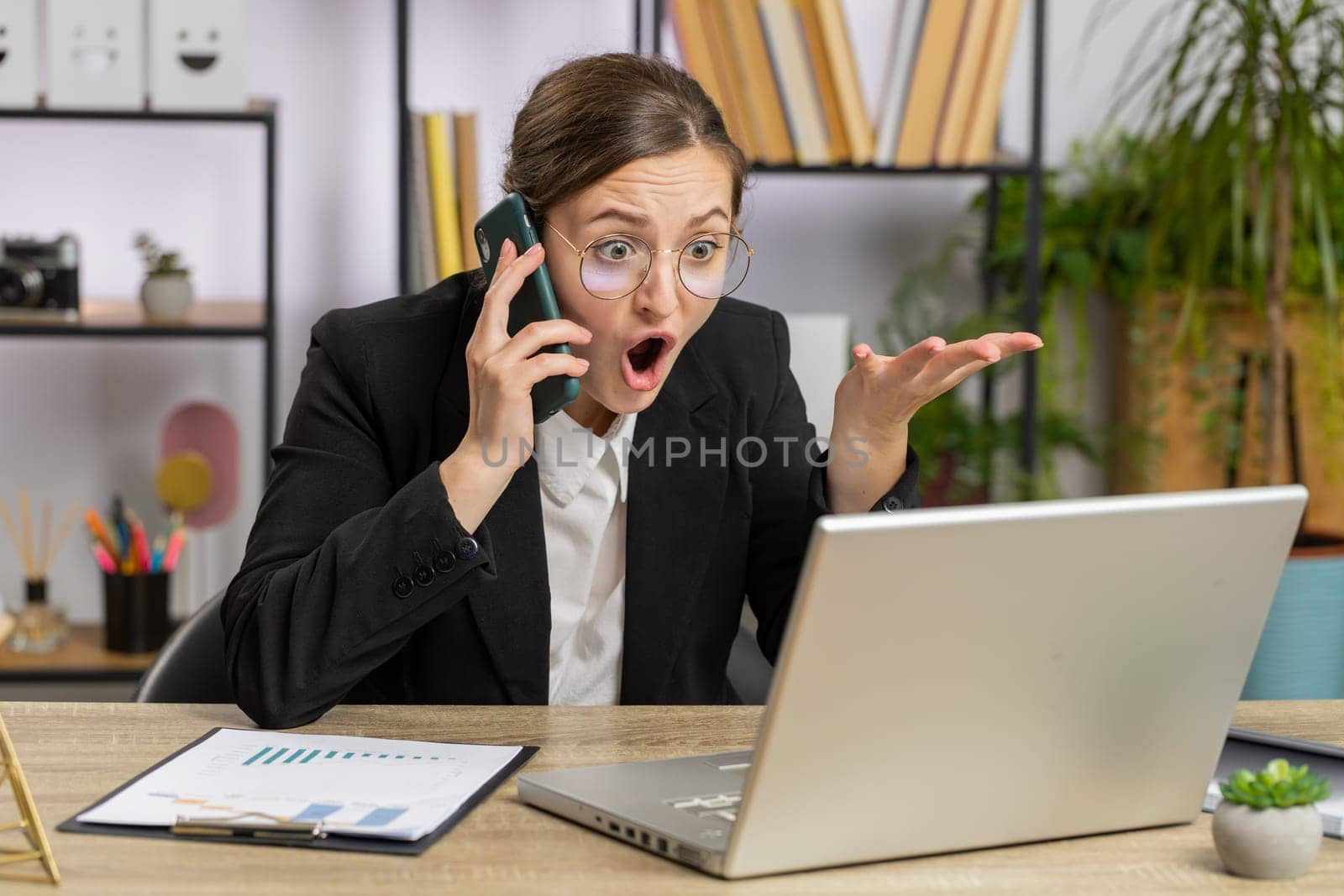 Conflict Quarrel Negotiation. Angry business woman ceo making webcam laptop online video call at office. Upset mad freelancer girl talking colleague conversation analyzing financial report mistake
