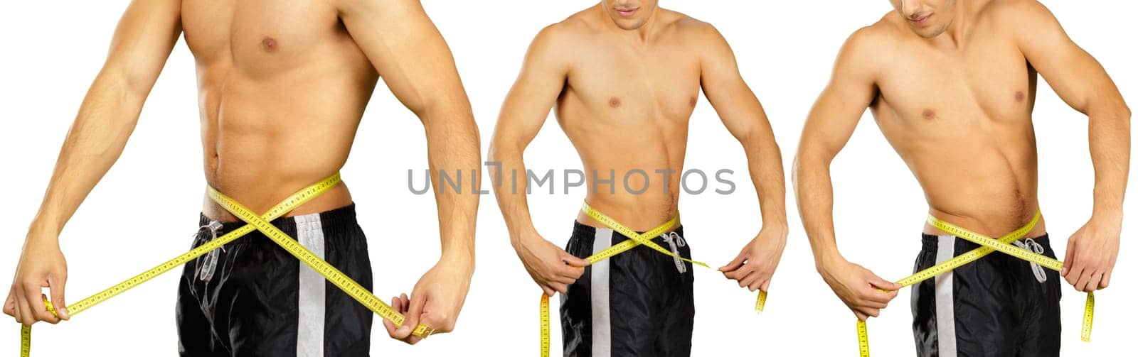 photo collage of young adult man making fitness excercise