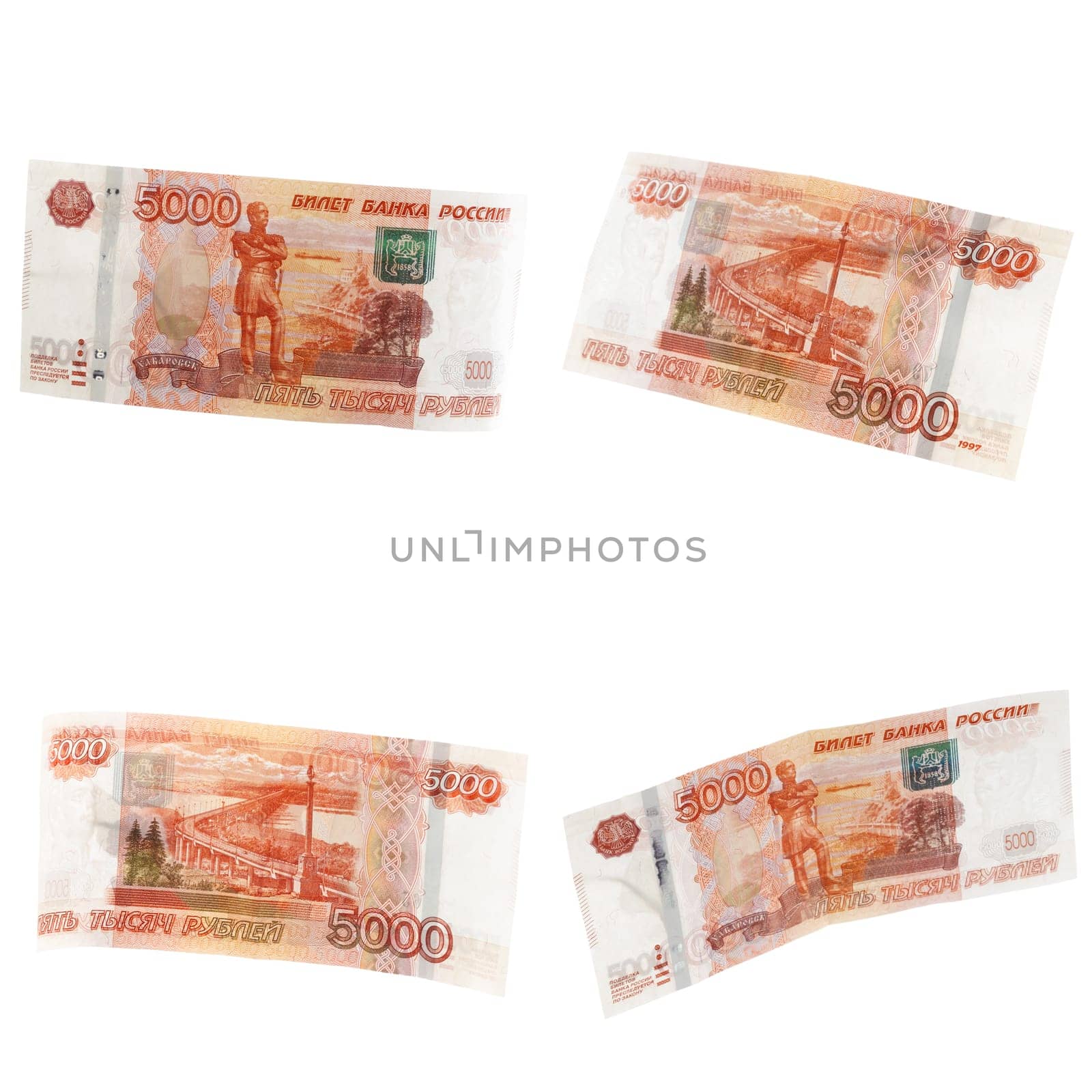 Banknotes of 5000 Russian rubles collage isolated on white background by Fabrikasimf