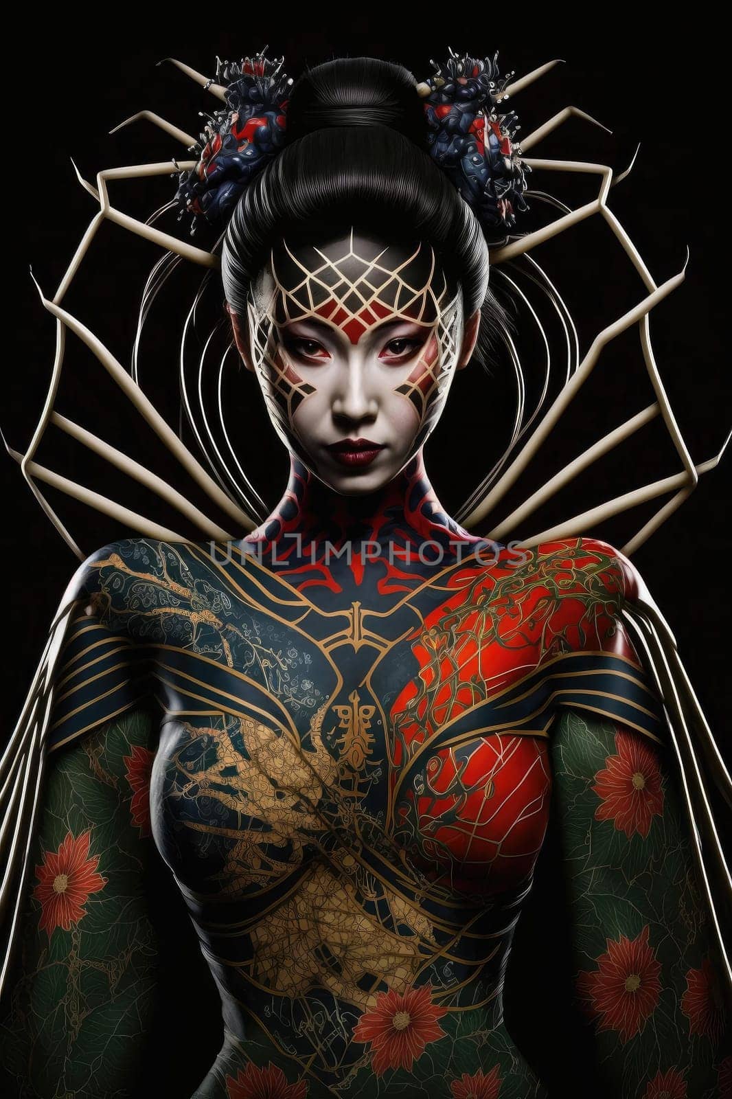 Japanese woman with spider tattoo on the body, scary halloween character design. superlative generative AI image.