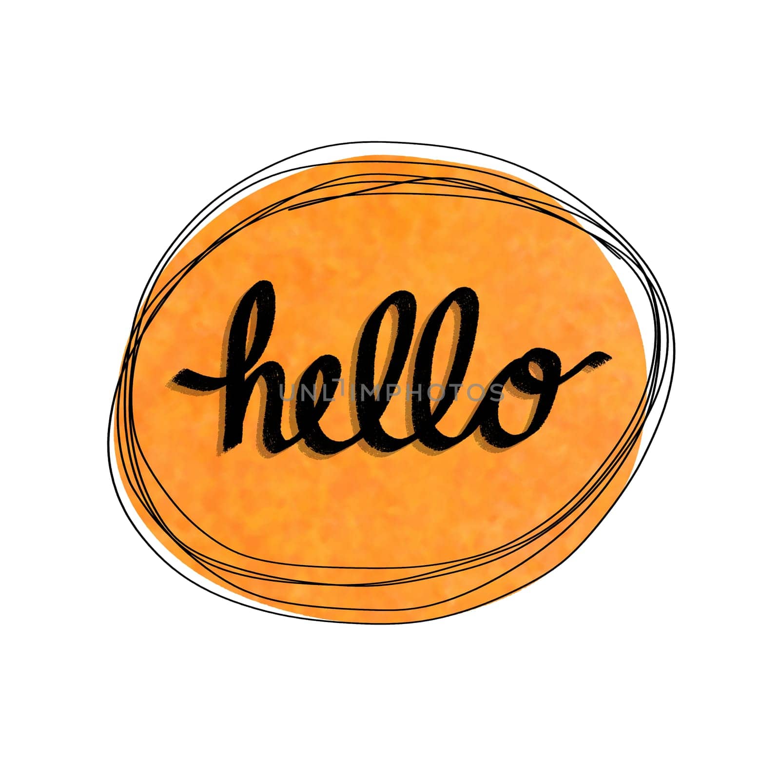 Hello word, an English greeting by calligraphy handwriting on a circle with an orange painted background by iamnoonmai