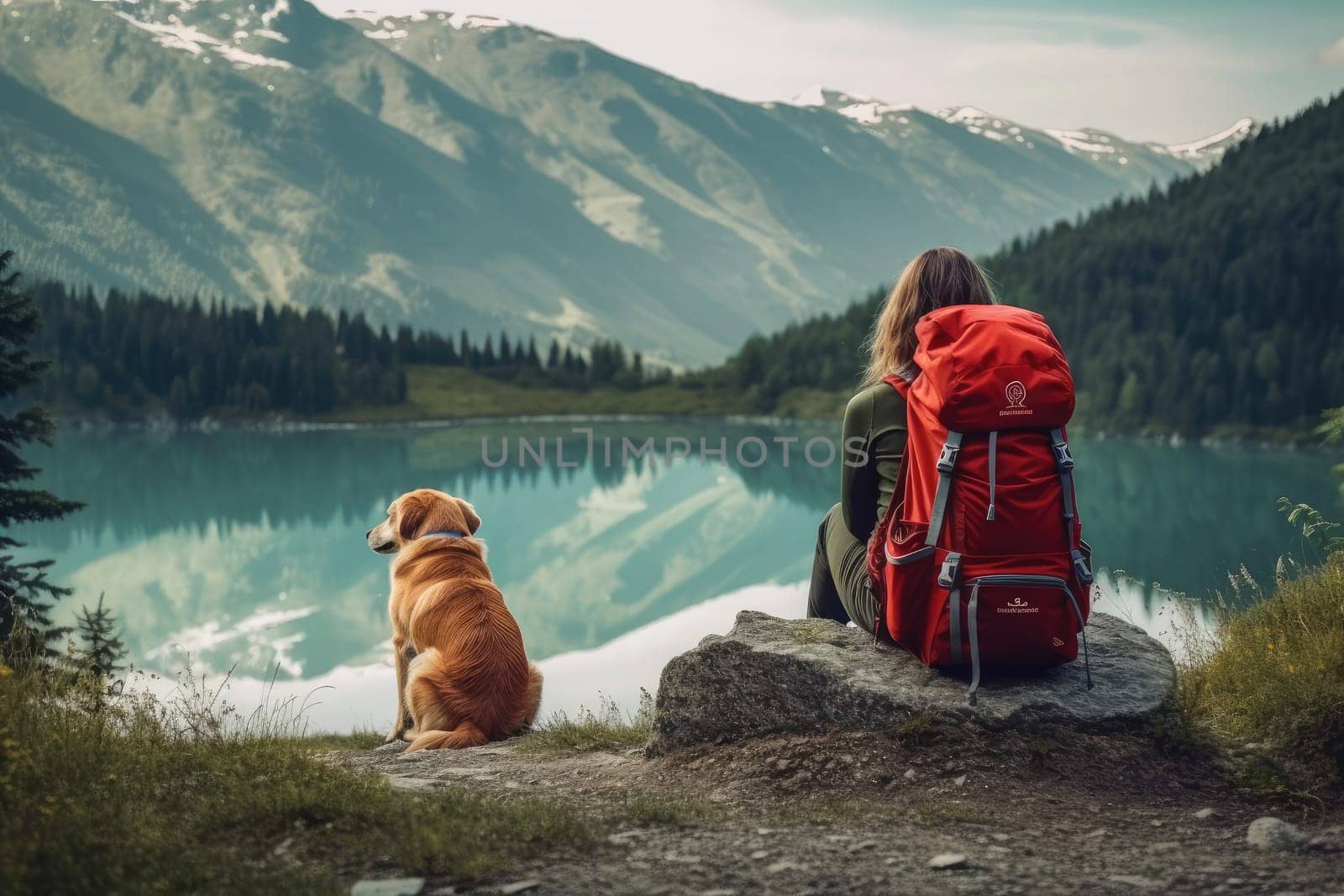 Active people in nature concept. portrait of woman and her dog enjoying hiking. AI Generative