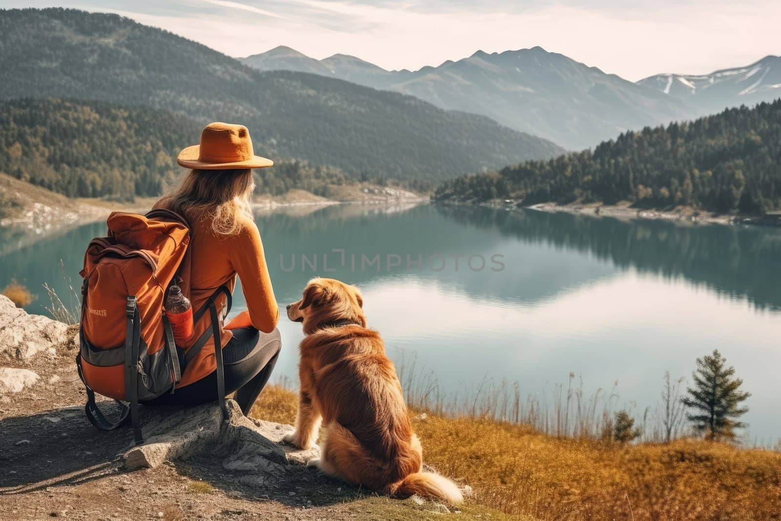 portrait of woman and her dog enjoying hiking. AI Generative by Desperada