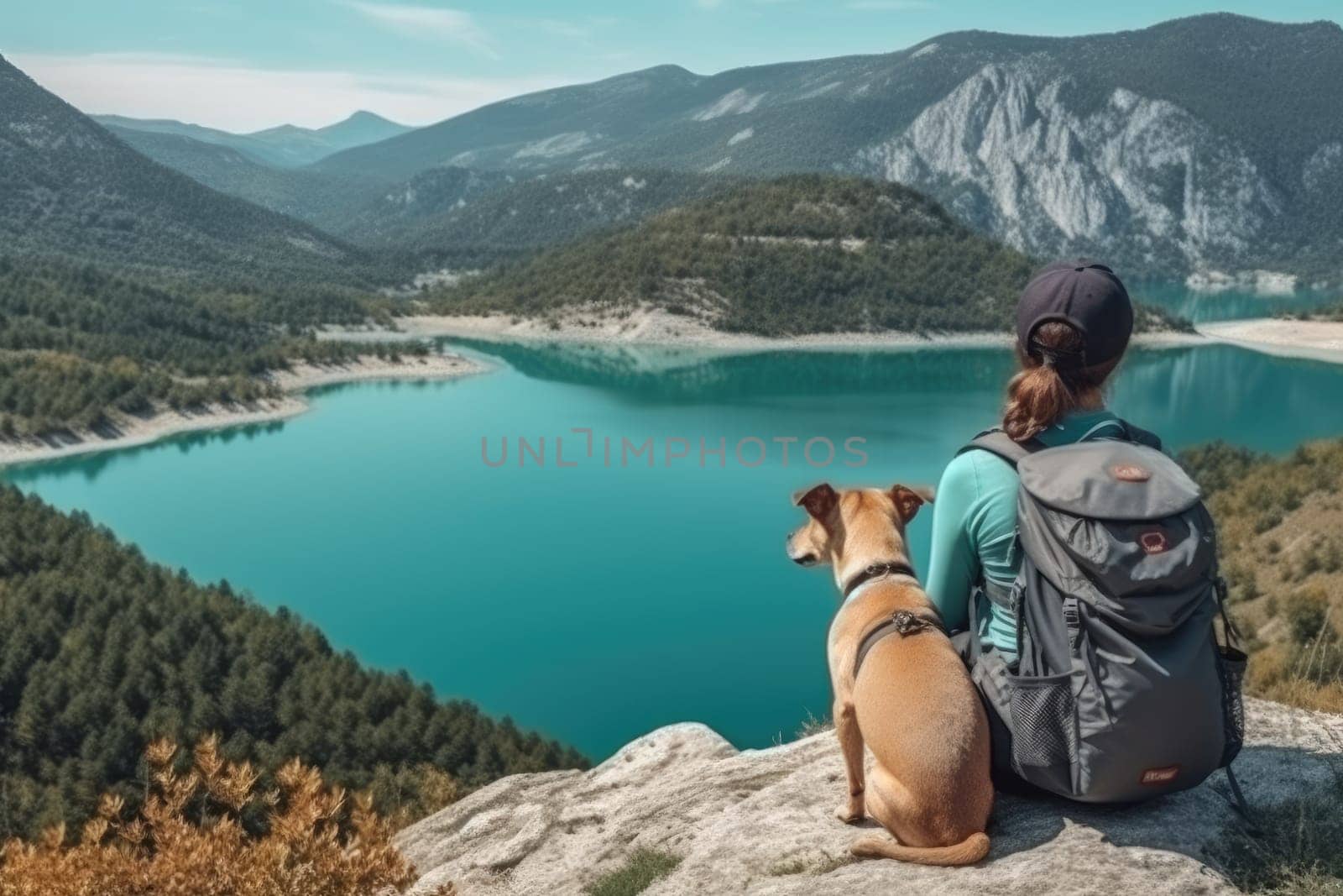 Active people in nature concept. portrait of woman and her dog enjoying hiking. AI Generative