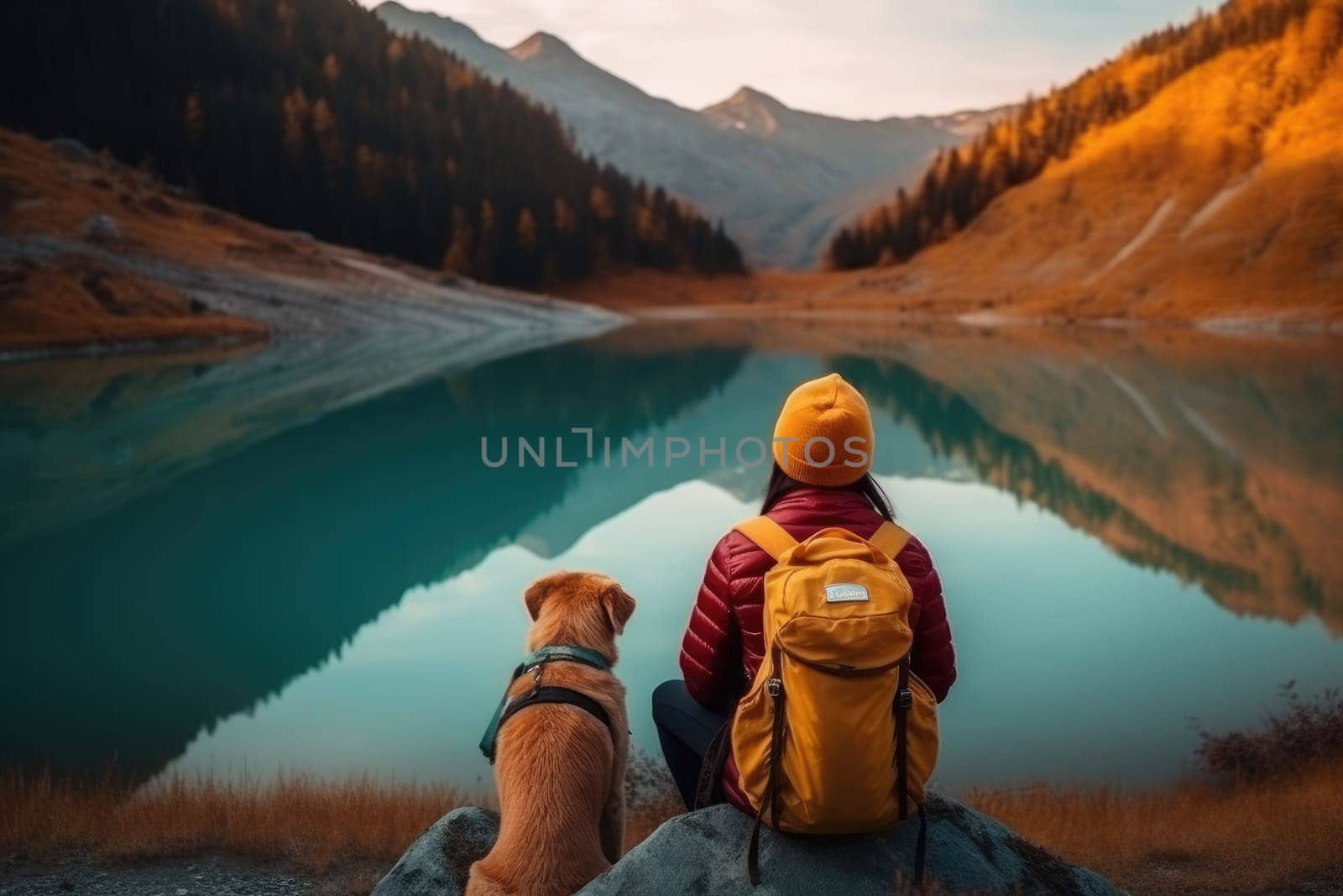 Active people in nature concept. portrait of woman and her dog enjoying hiking. AI Generative