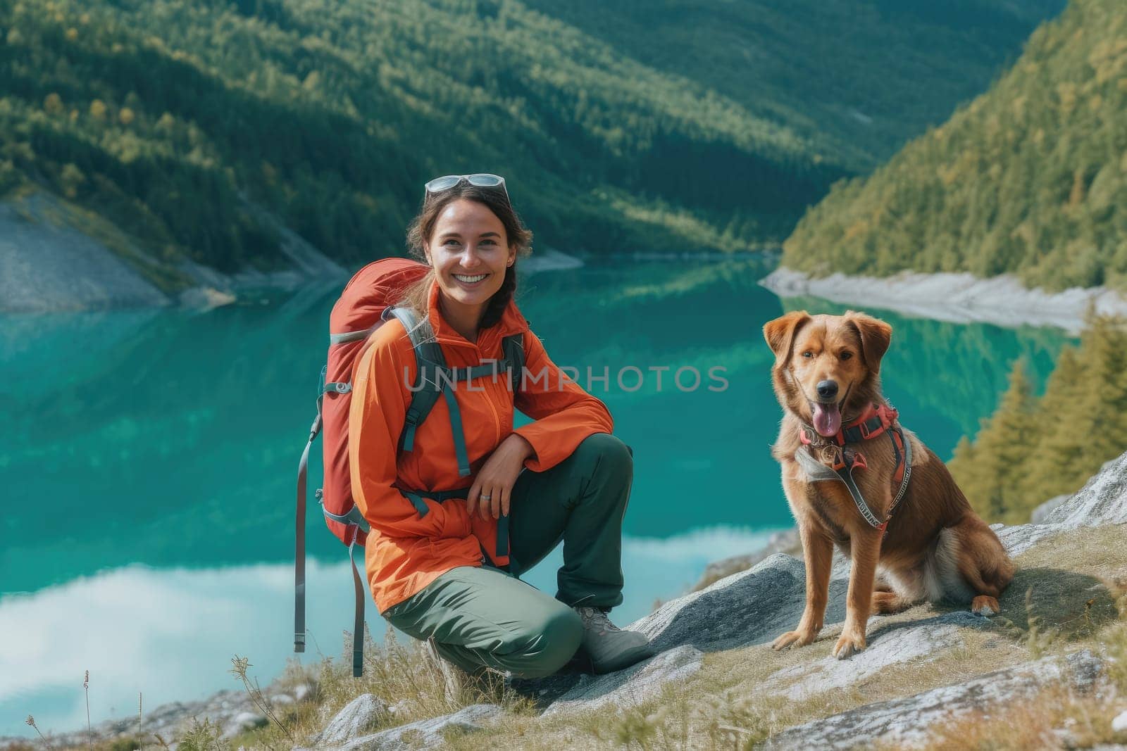 portrait of woman and her dog enjoying hiking. AI Generative by Desperada