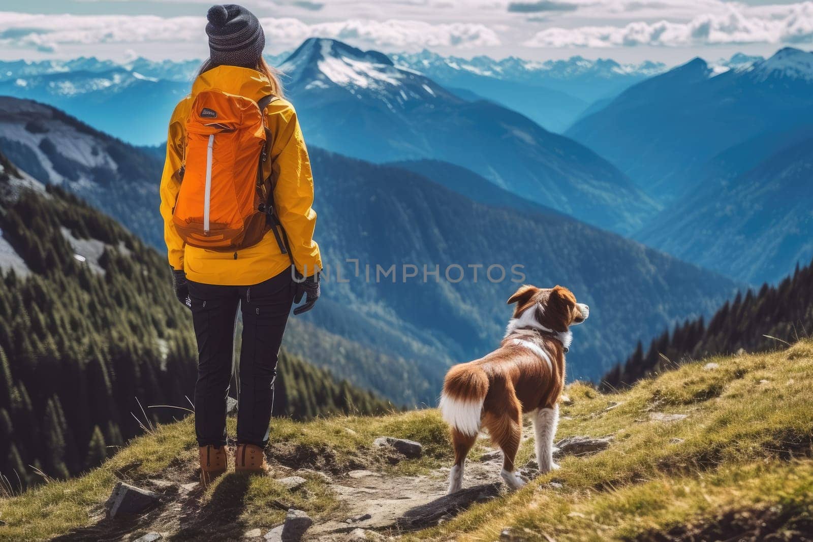 Active people in nature concept. portrait of woman and her dog enjoying hiking. AI Generative