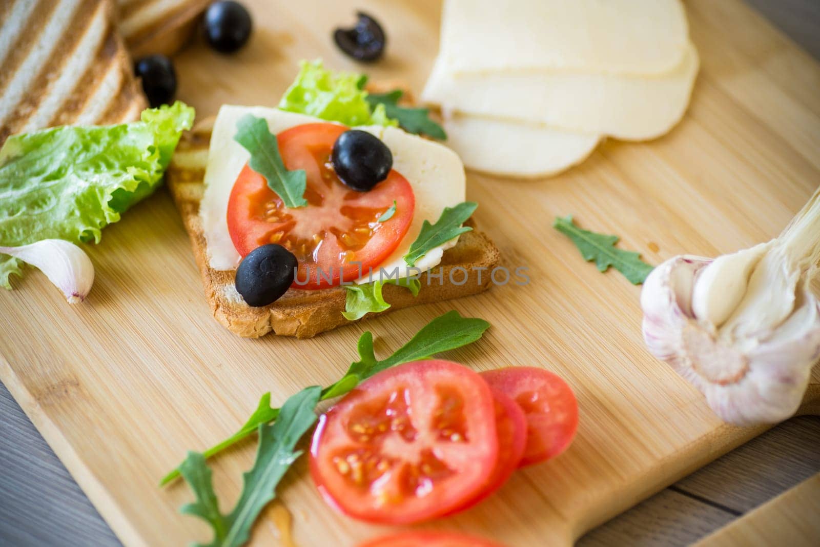 fried toasts with mozzarella, lettuce and tomatoes with herbs on a wooden table