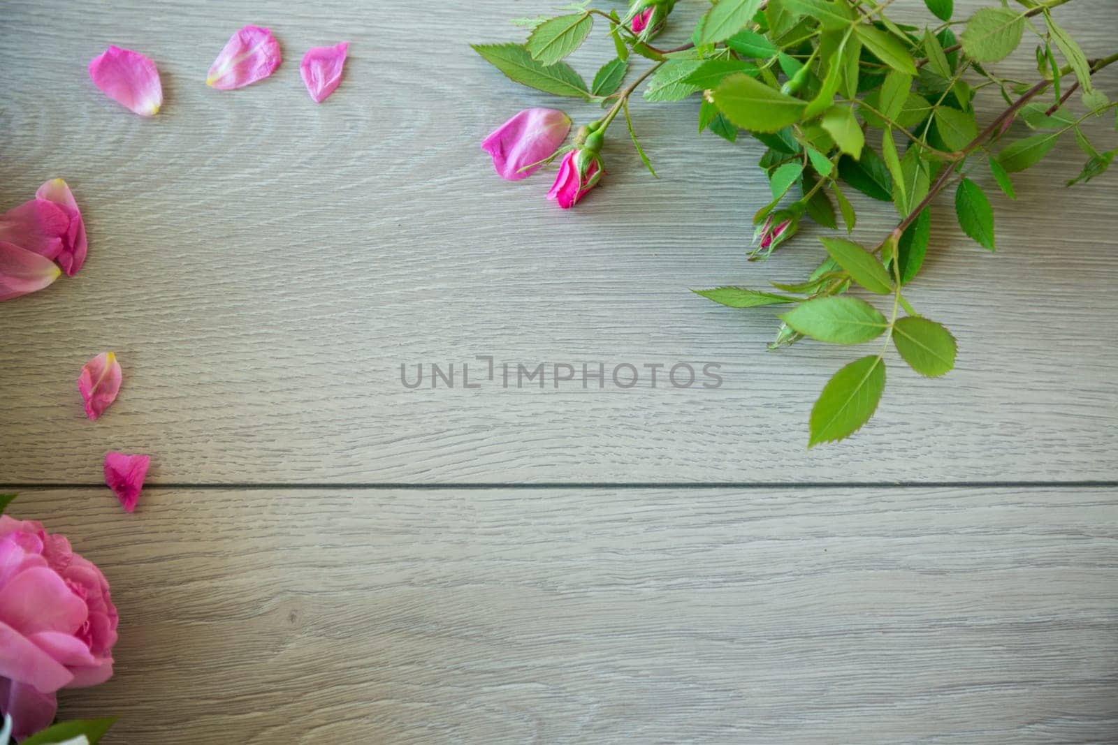 Floral background of pink and white roses on a light wooden table