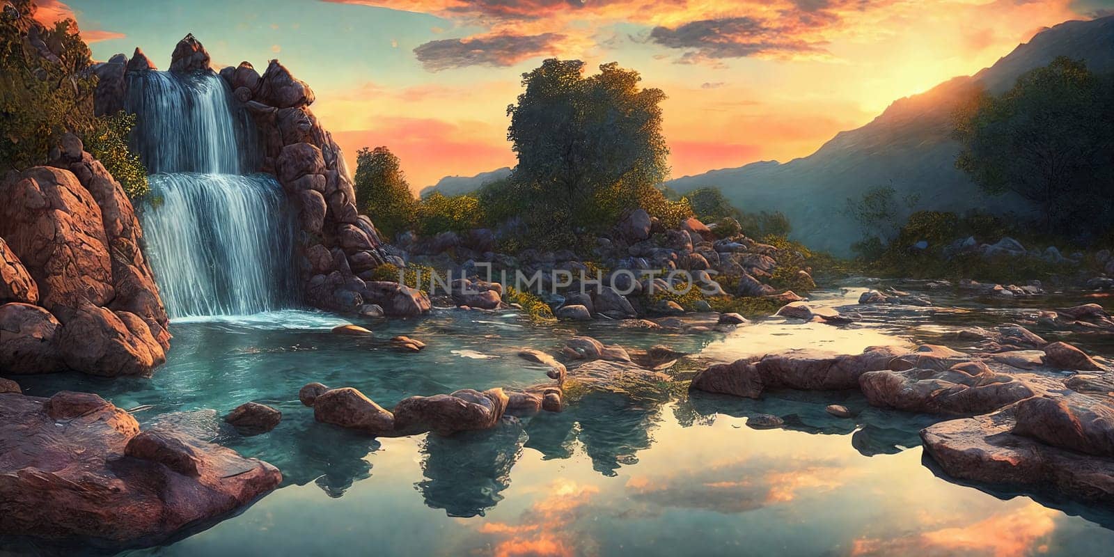 Fantasy landscape with waterfall at sunset, panorama. Generative AI