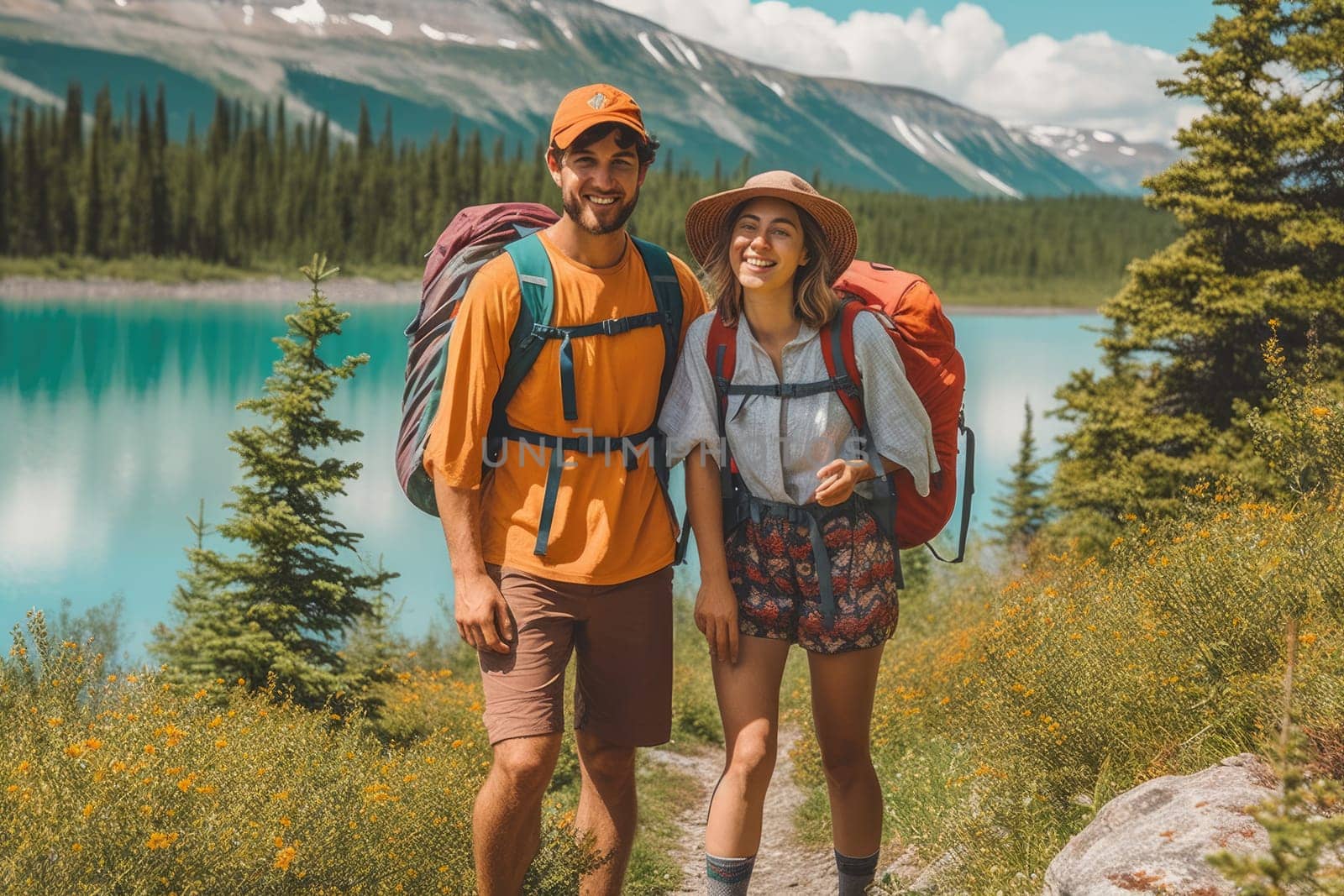 Active people in nature concept. couple with backpacks enjoying hiking. AI Generative