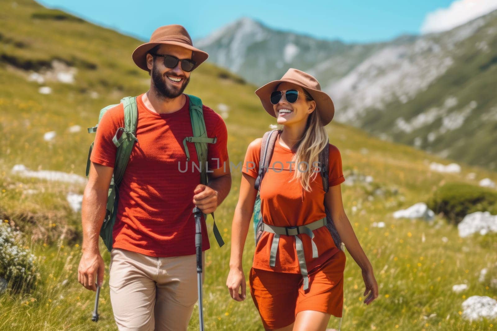 Active people in nature concept. couple with backpacks enjoying hiking. AI Generative