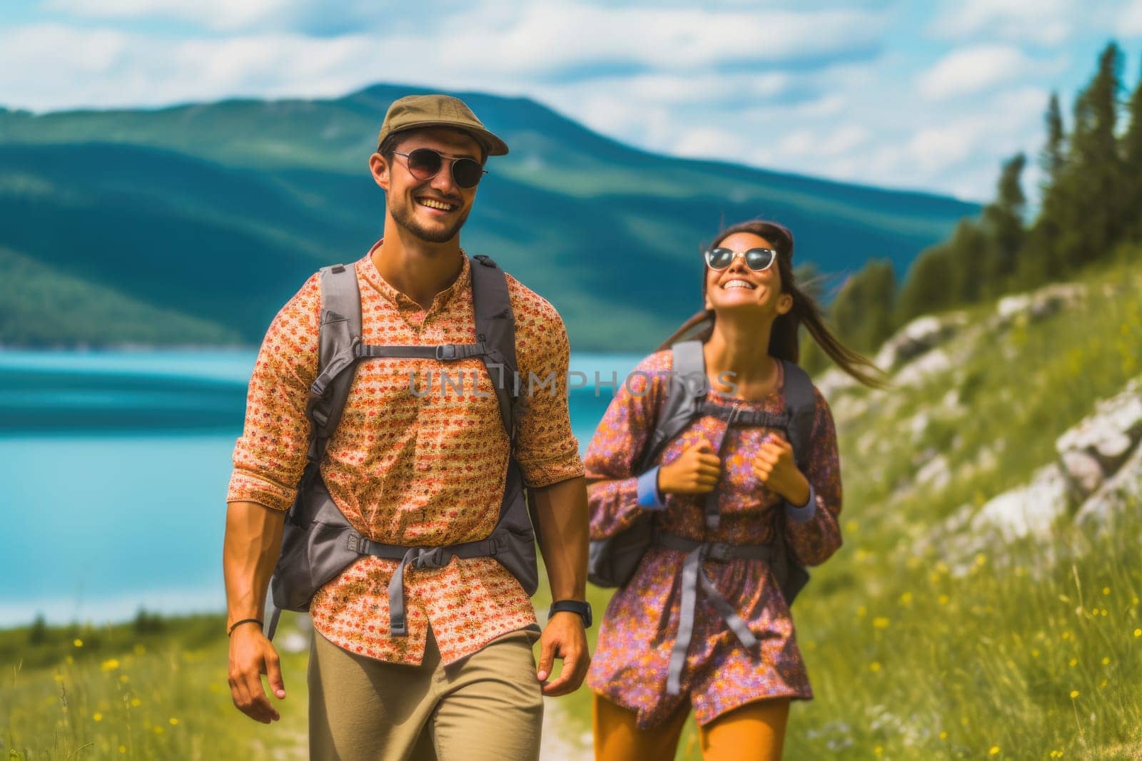 Active people in nature concept. couple with backpacks enjoying hiking. AI Generative