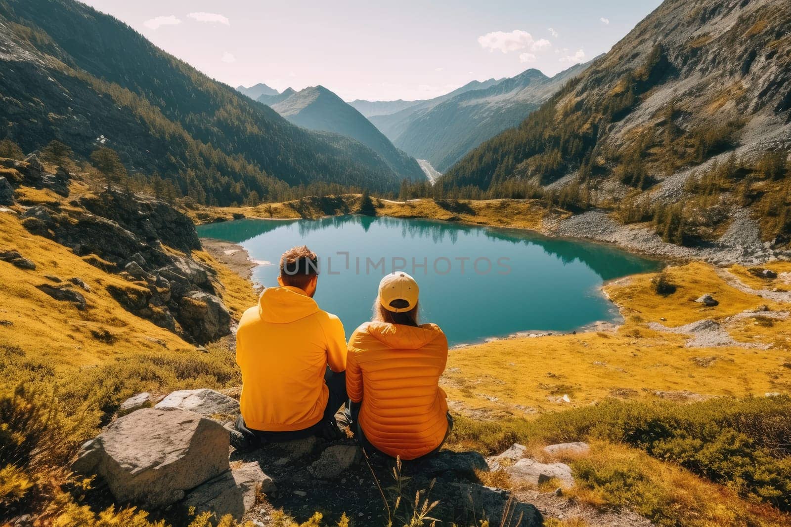 Active people in nature concept. couple with backpacks enjoying hiking. AI Generative