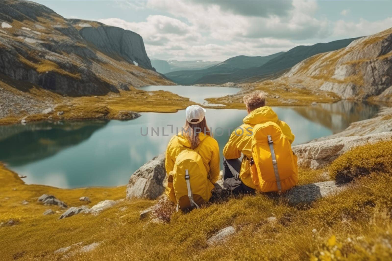 Active people in nature concept. couple with backpacks enjoying hiking. AI Generative