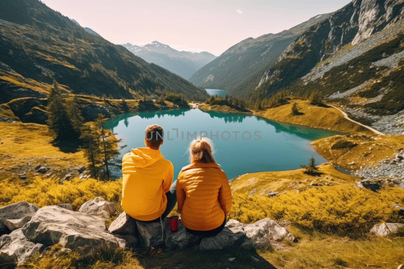 Active people in nature concept. couple with backpacks enjoying hiking. AI Generative