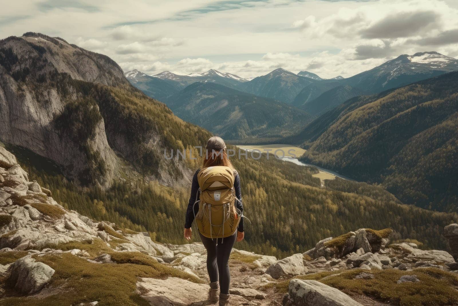 portrait of woman with backpack enjoying hiking. AI Generative by Desperada