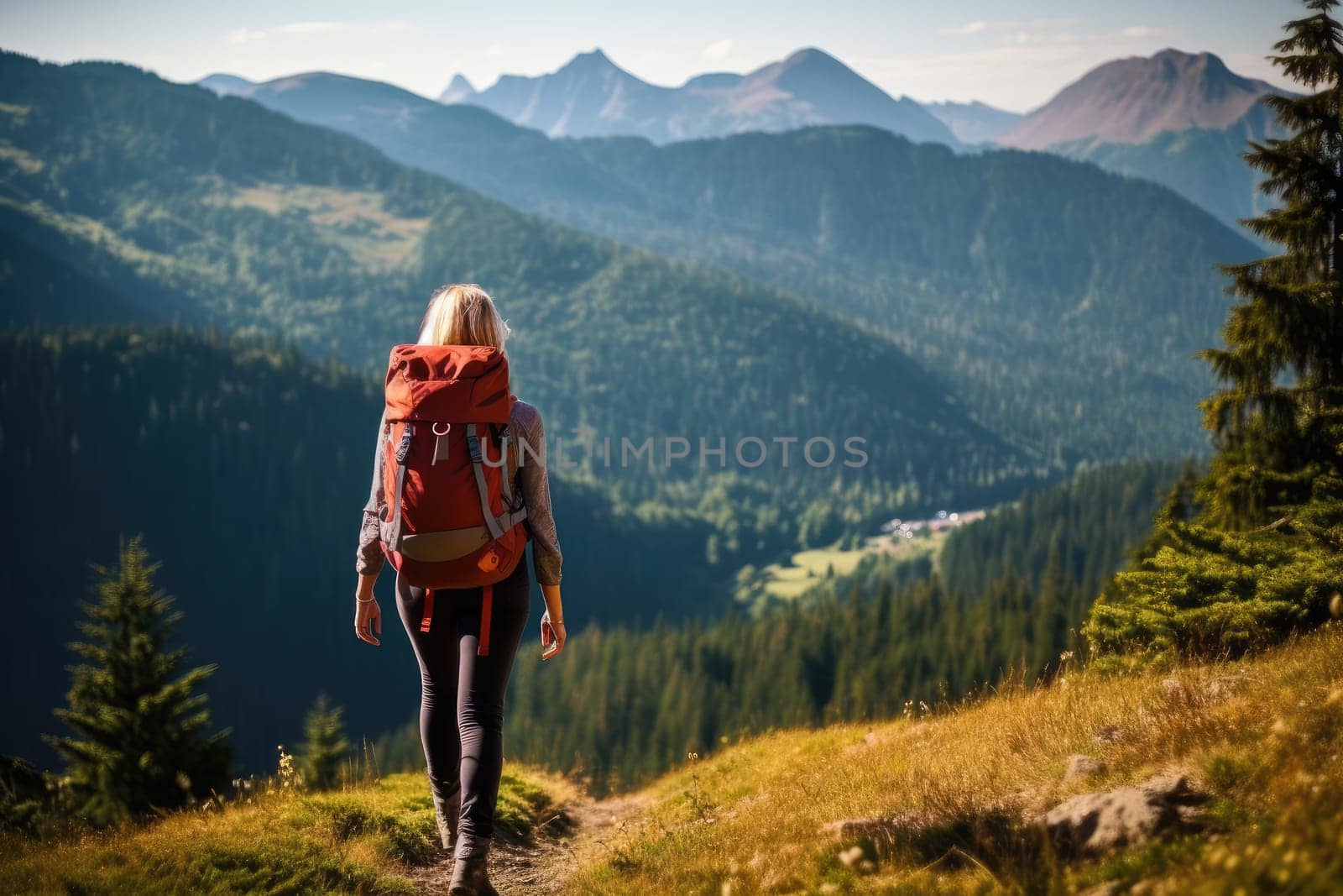 portrait of woman with backpack enjoying hiking. AI Generative by Desperada