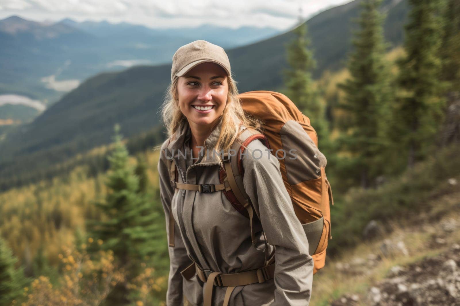 Active people in nature concept. portrait of woman with backpack and bright clothes enjoying hiking. AI Generative