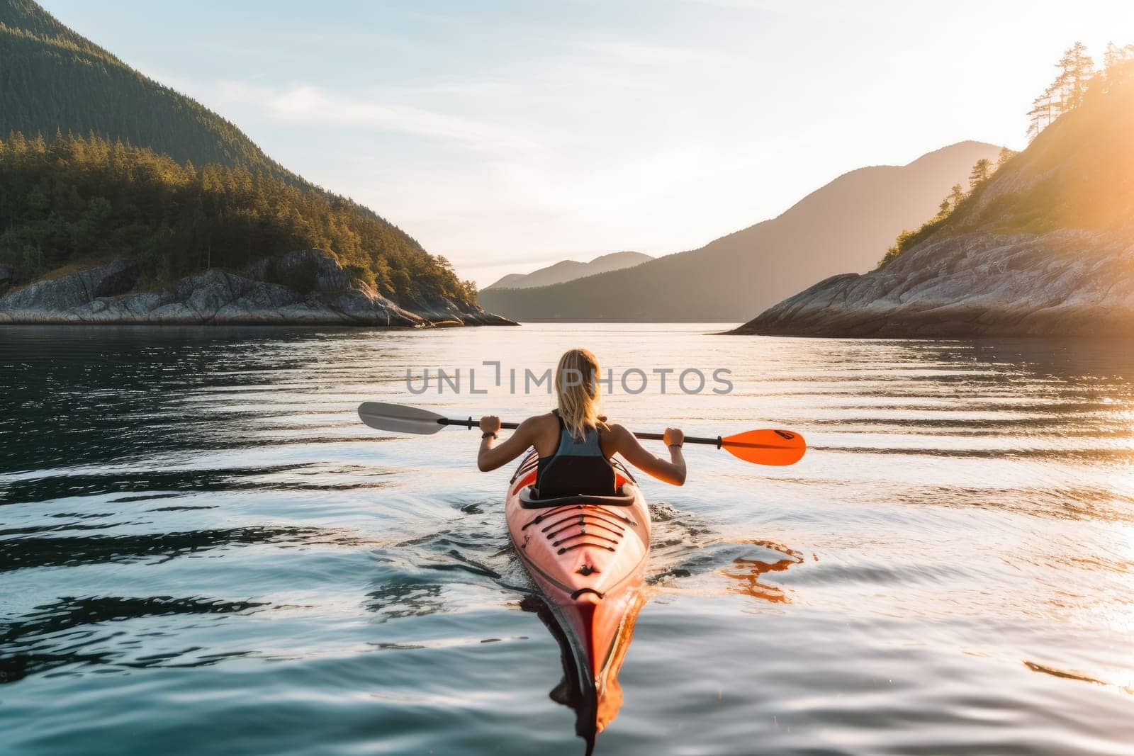 Enjoying summer day on the lake. Rear view of woman kayaking at mountain lake. AI Generative