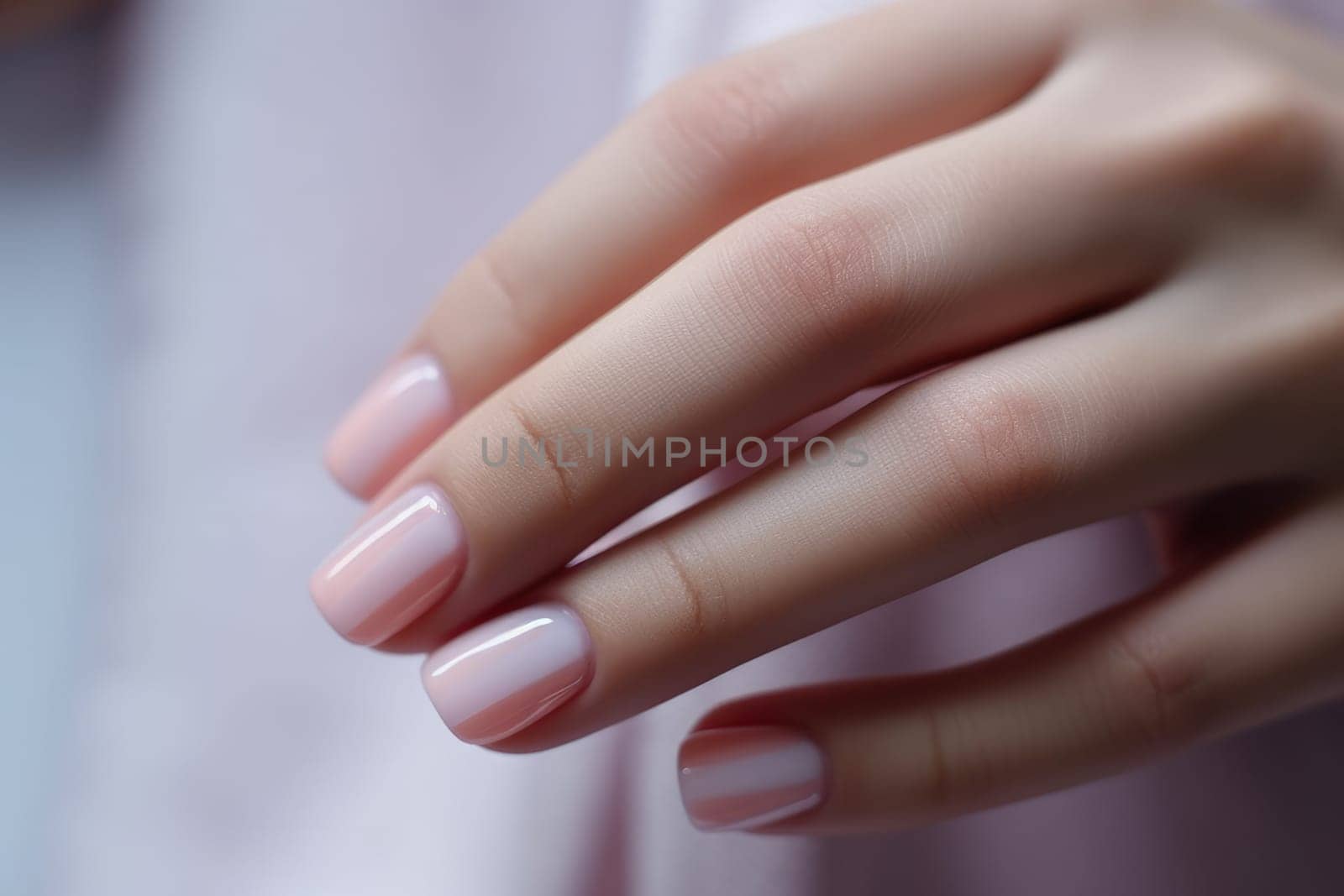 Closeup of woman hand with perfect nude manicure. AI Generated