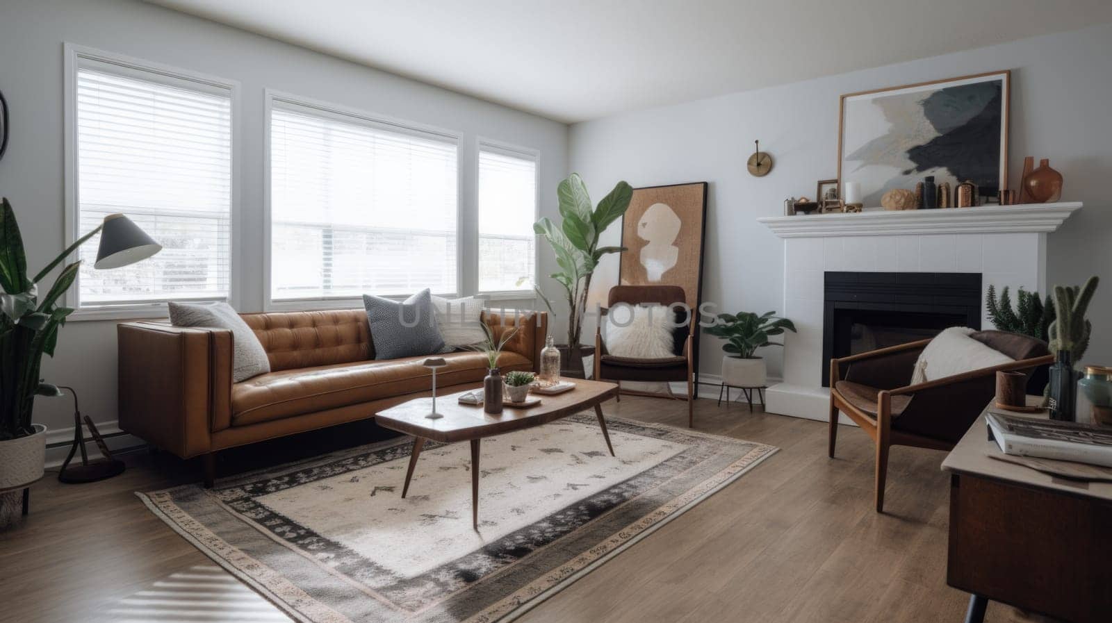 Living room decor, home interior design . Mid-century modern Scandinavian style with Fireplace decorated with Leather and Wood material . Generative AI AIG26.