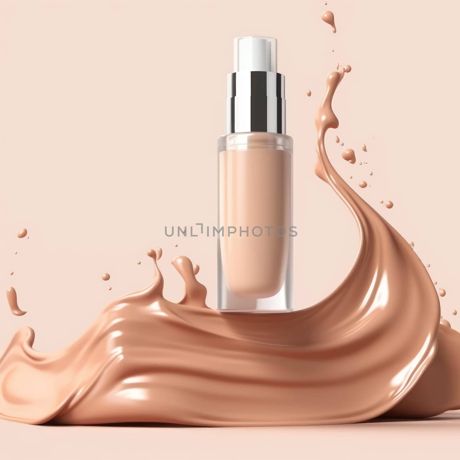 Foundation bottle with liquid foundation and splash. Advertising of foundation cream, concealer, base, BB cream. Mockup design. AI Generative