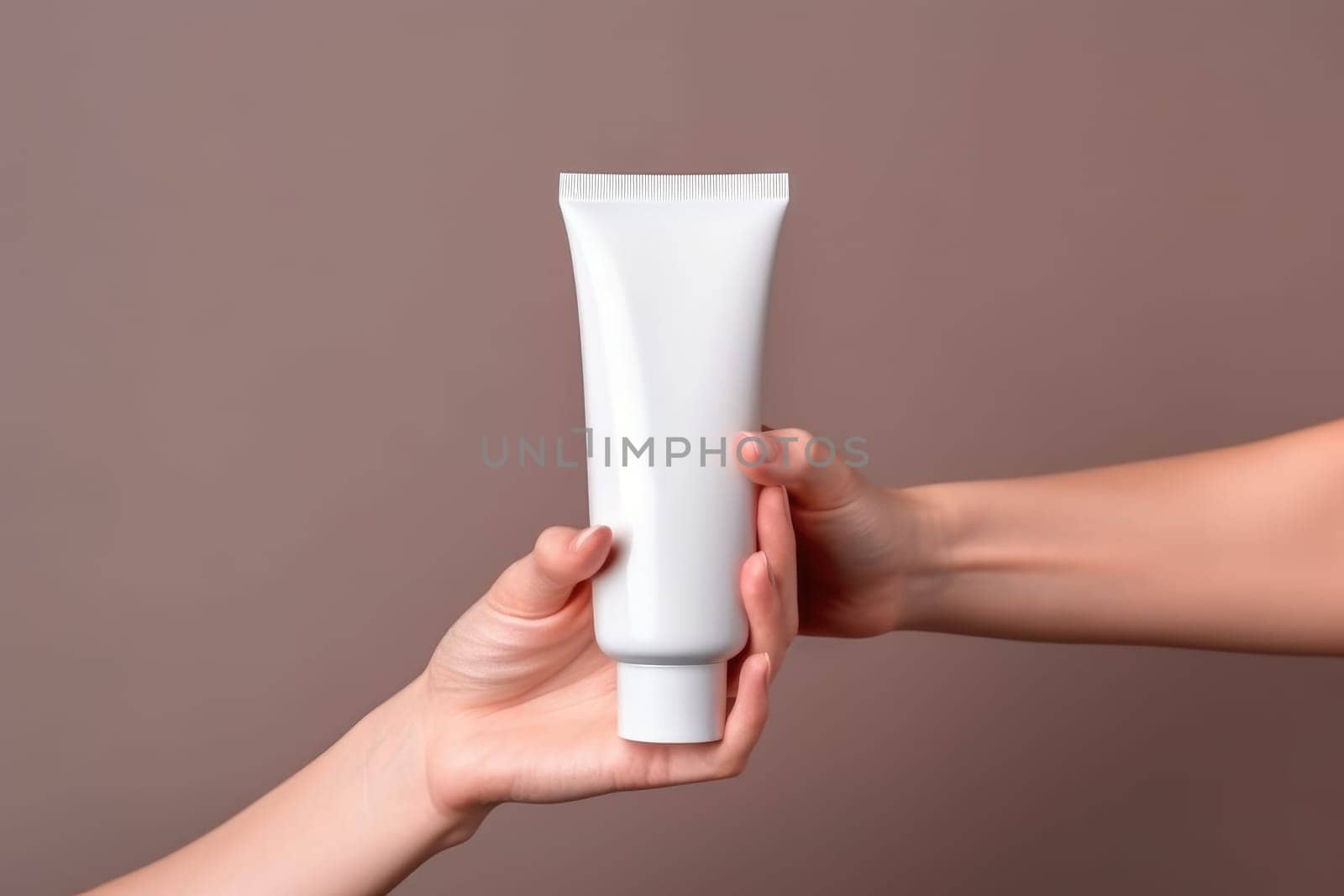 woman hands holding cosmetic cream white plastic tube mockup front view. AI Generative by Desperada