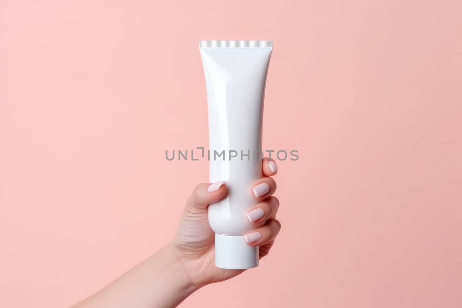 woman hands holding cosmetic cream white plastic tube mockup front view. Hand cream bottle. AI Generative