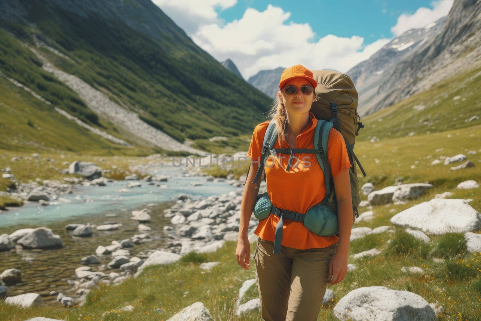 portrait of woman with backpack enjoying hiking. AI Generative by Desperada