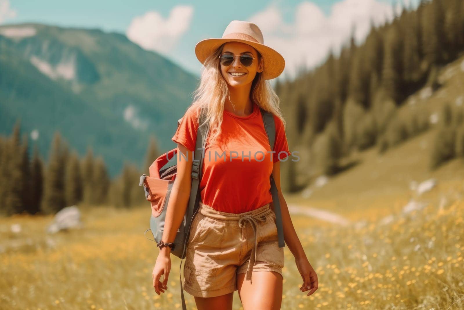 Active people in nature concept. portrait of woman with backpack and bright clothes enjoying hiking. AI Generative