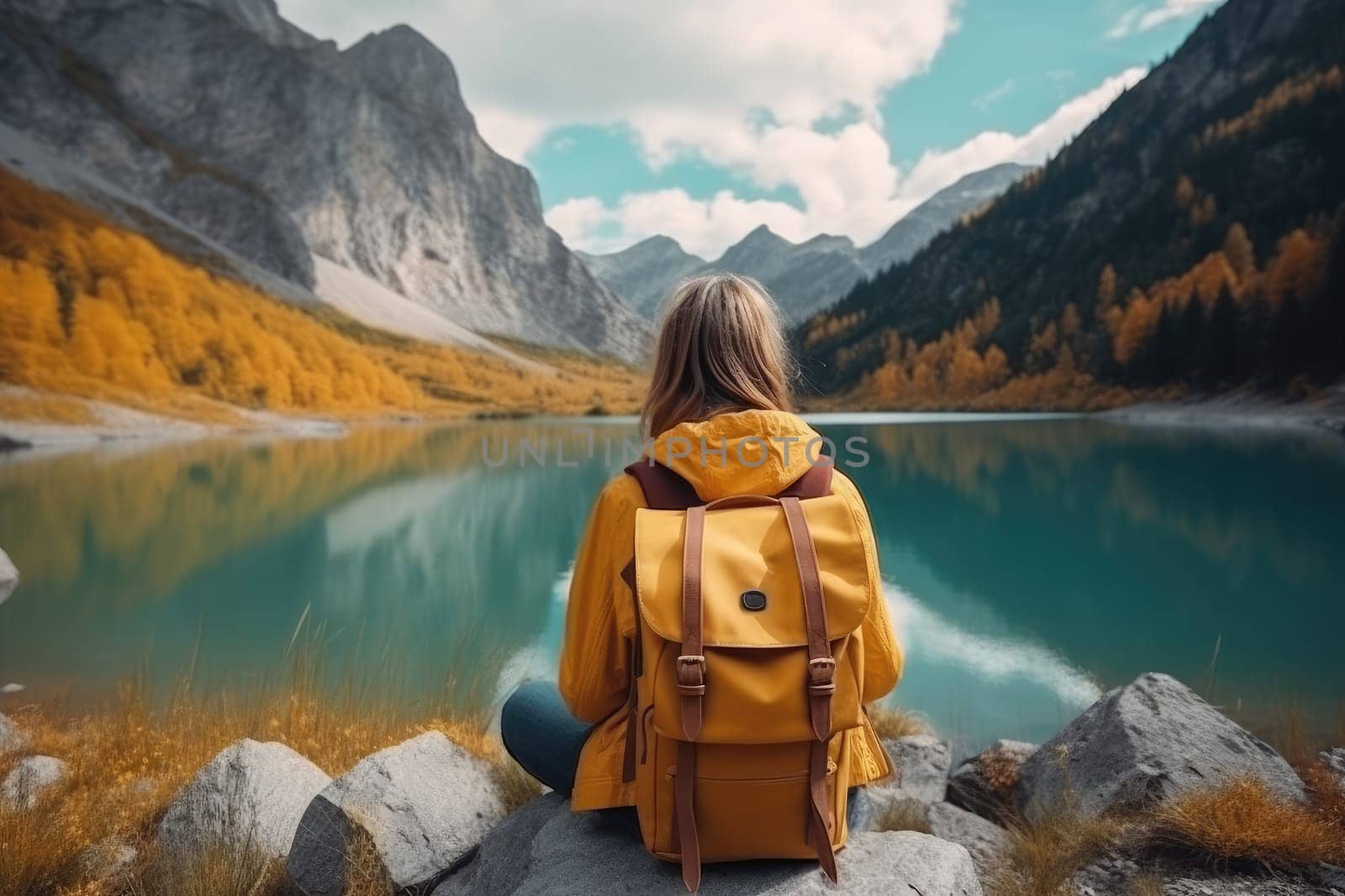 Backpacker woman with backpack enjoying the turquoise mountain lake. AI Generative by Desperada