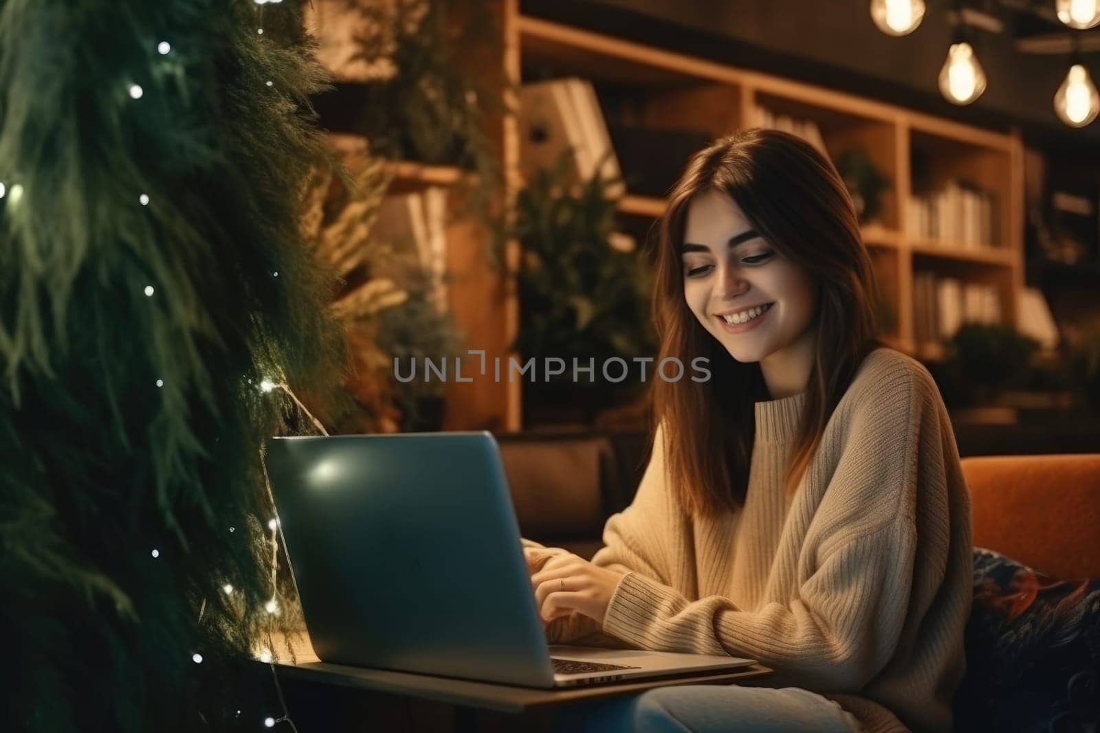 Beautiful smilign woman using laptop at cafe. AI Generative
