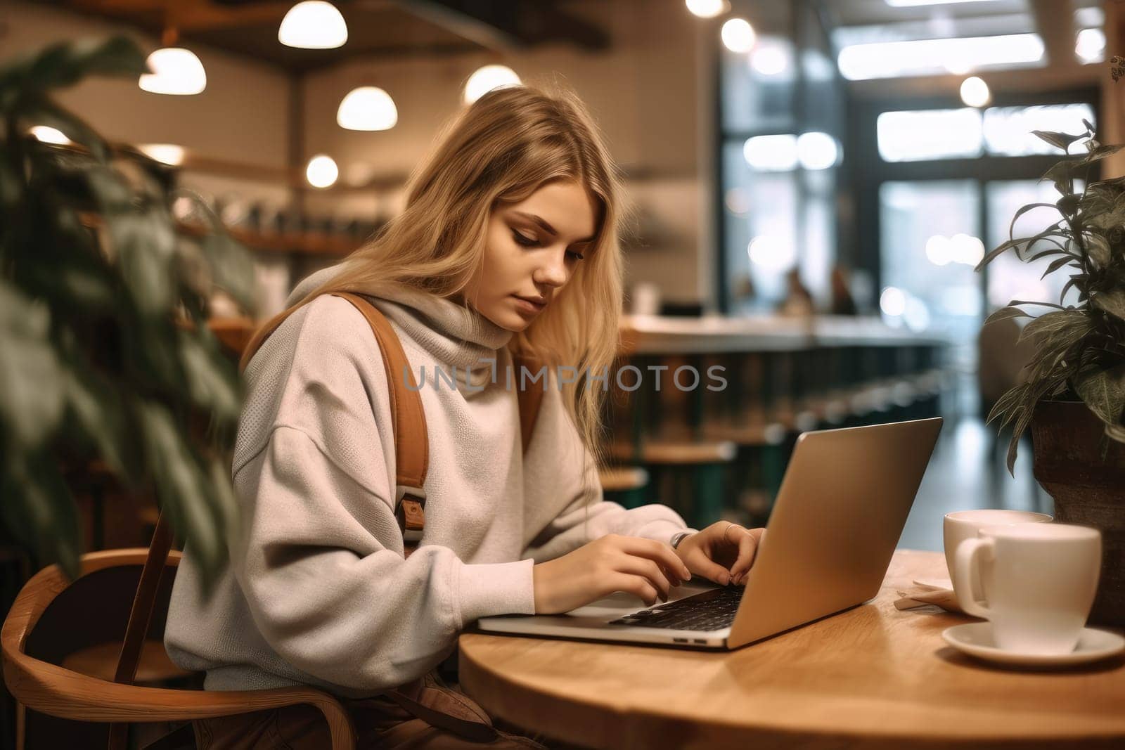 Beautiful smilign woman using laptop at cafe. AI Generative
