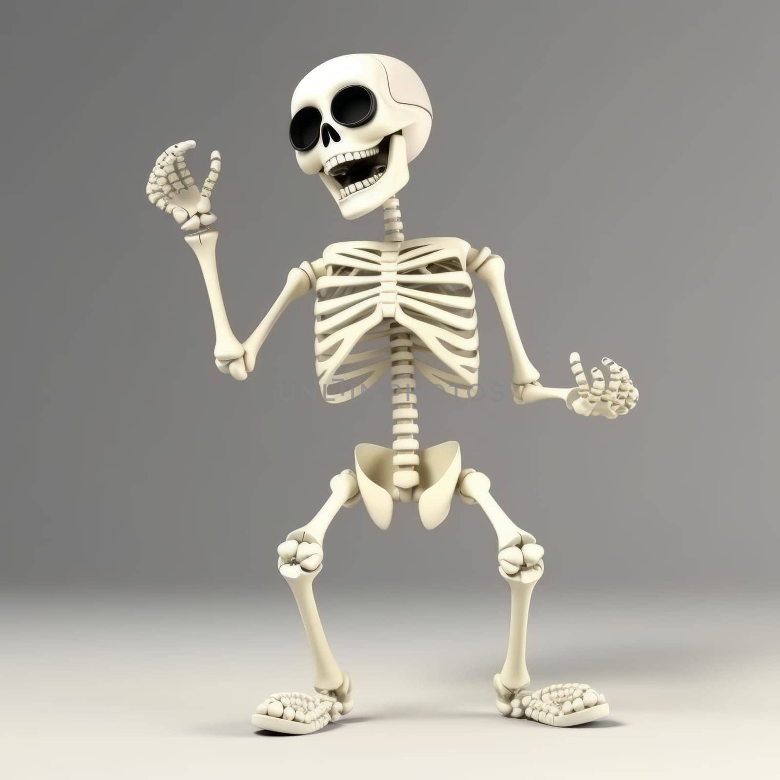 Cute dancing white skeleton on a gray background. Ai generative